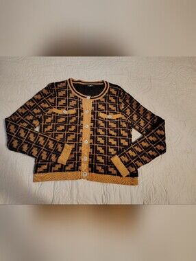 Fendi Black and Mustard Logo Knit Cardigan